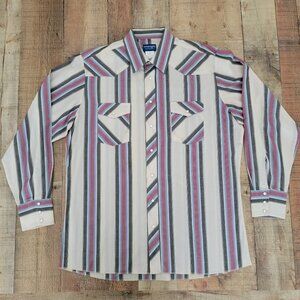 Wrangler Pearl Button Black Cream Red Blue Stripe Collared Shirt XLT